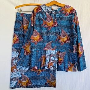 Custom Handmade Kenyan Wax Cloth Two Piece Peplum Top Pencil Skirt Set - M